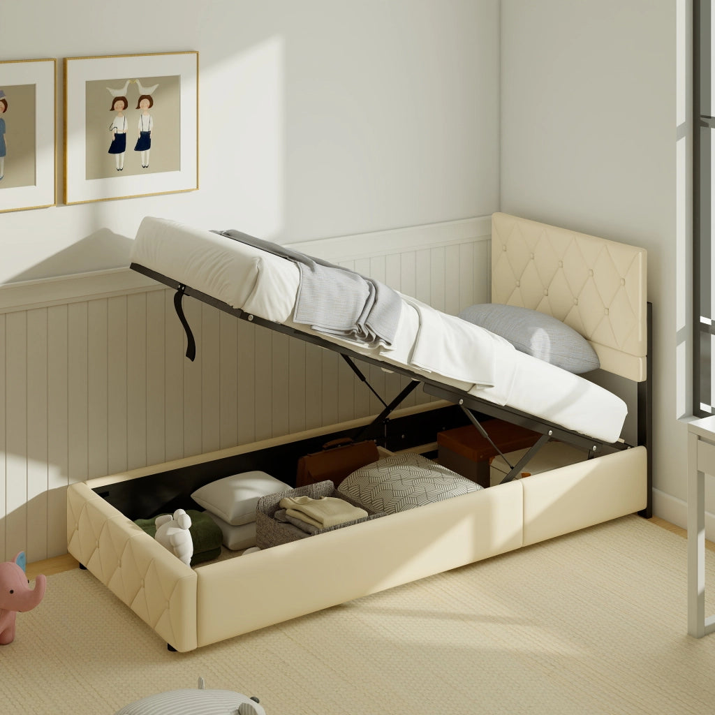 Letto imbottito singolo 90 × 190 cm con rete a doghe in velluto beige, struttura stabile e montaggio facile