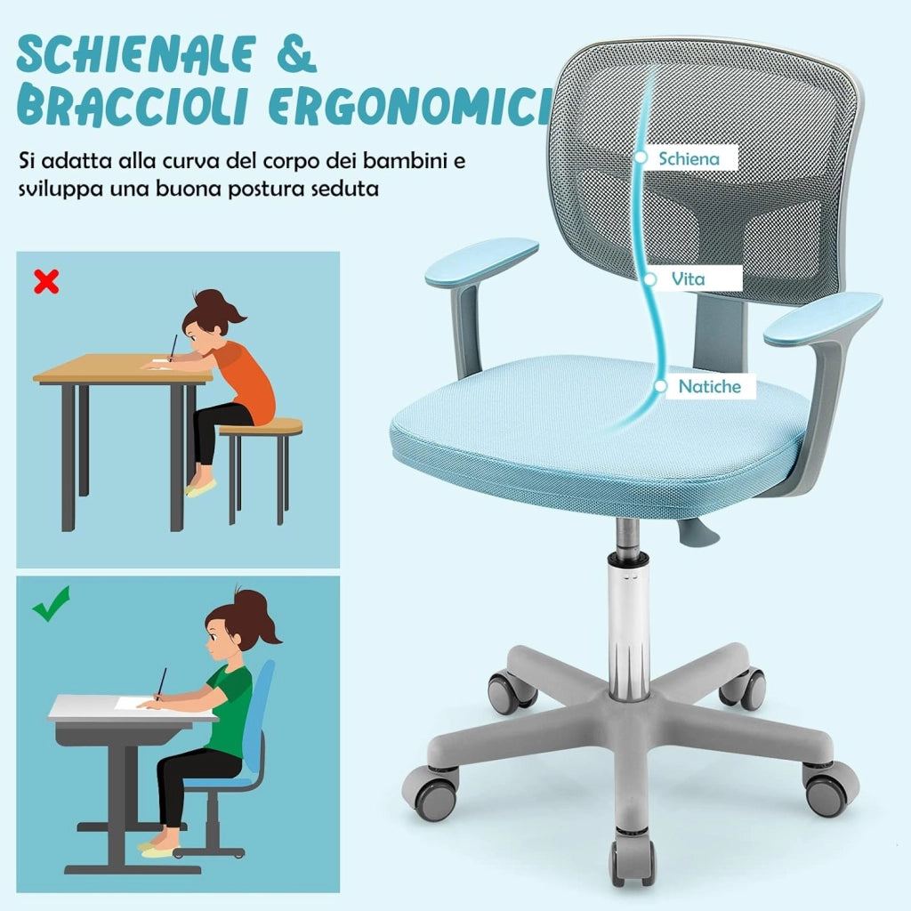 Sedia per Scrivania per Bambini, Sedia per Computer per Bambini con Altezza Regolabile, Ruote con Freni, Sedile Girevole a Rete, Sedia Ergonomica per Bambini 3-10 Anni (Blu)