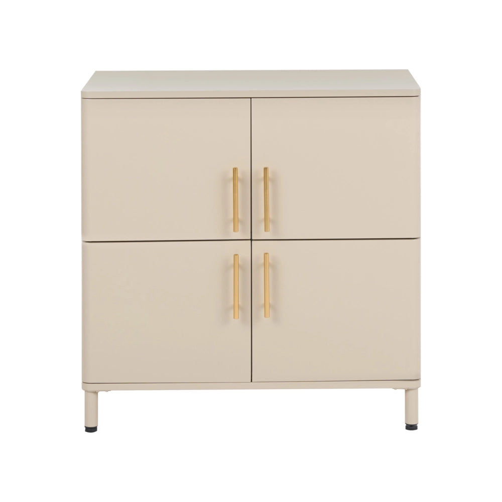 Credenza in acciaio beige a 4 ante con angoli arrotondati e maniglie dorate