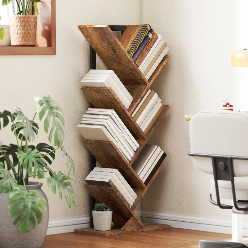 Libreria a forma di albero a 7 ripiani, struttura sottile per ufficio, colore marrone rustico