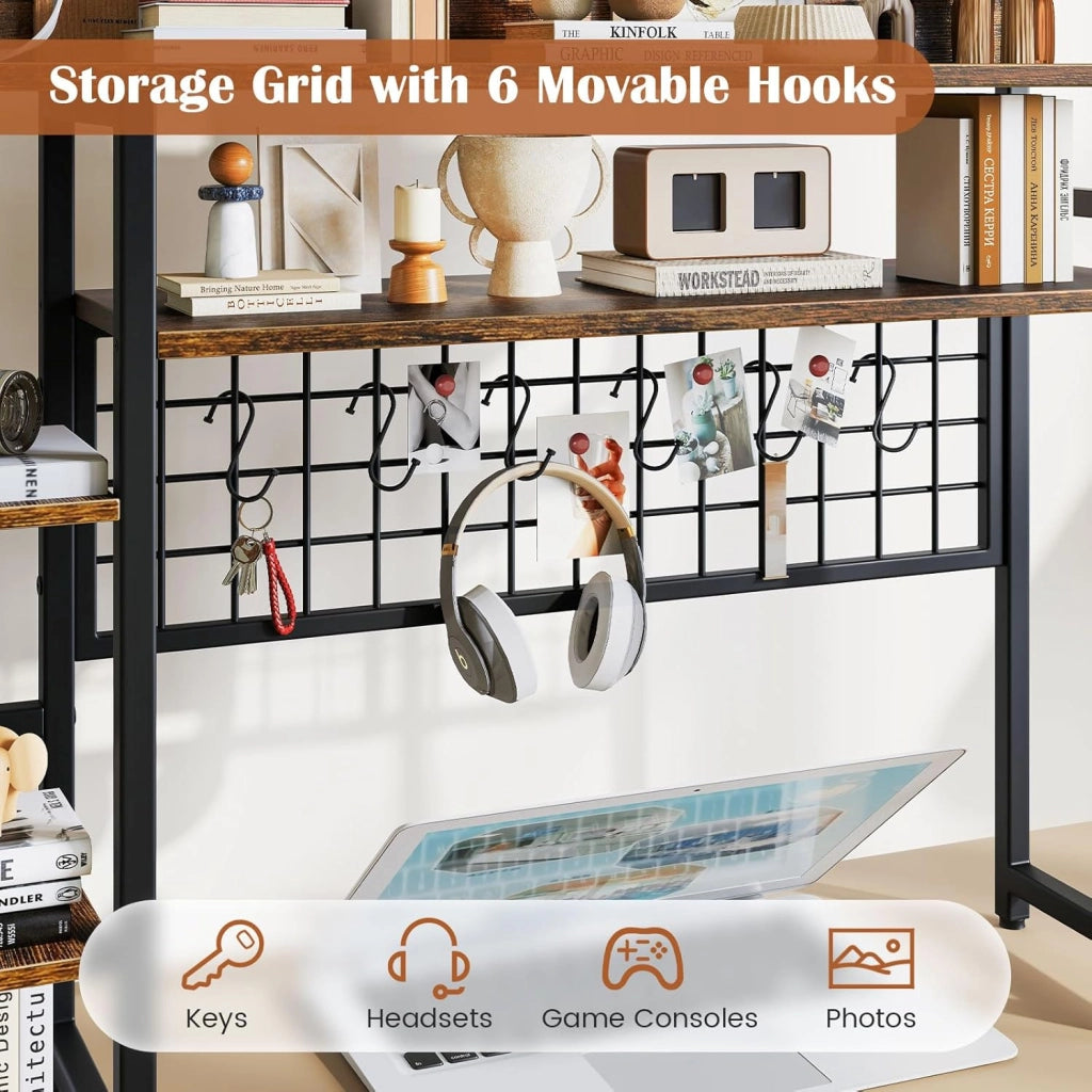 Scaffale da scrivania, scaffale autoportante con 4 ripiani, scomparto aperto, griglia in metallo e 6 ganci rimovibili, risparmio di spazio, libreria per ufficio, cucina, soggiorno (marrone)
