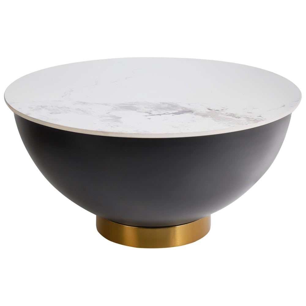 Tavolino da caffè Piano in pietra sinterizzata bianca Base in metallo nero ø 74 cm Accento oro effetto naturale con contenitore Soggiorno design moderno