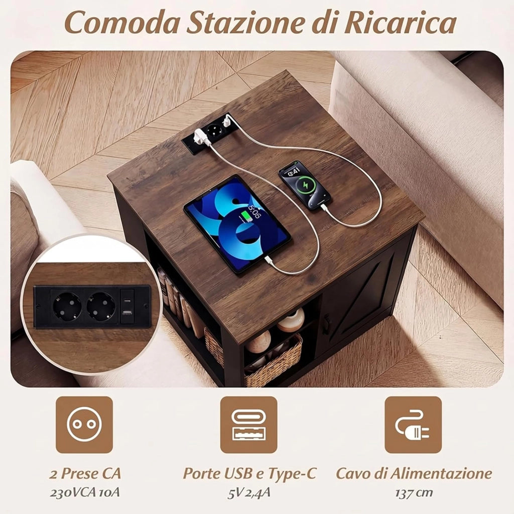 Tavolino Laterale da Salotto, Comodino Rustico con Stazione di Ricarica, Ripiano Regolabile e Porta da Fienile, Tavolino Versatile per Camera da Letto e Soggiorno (Nero)
