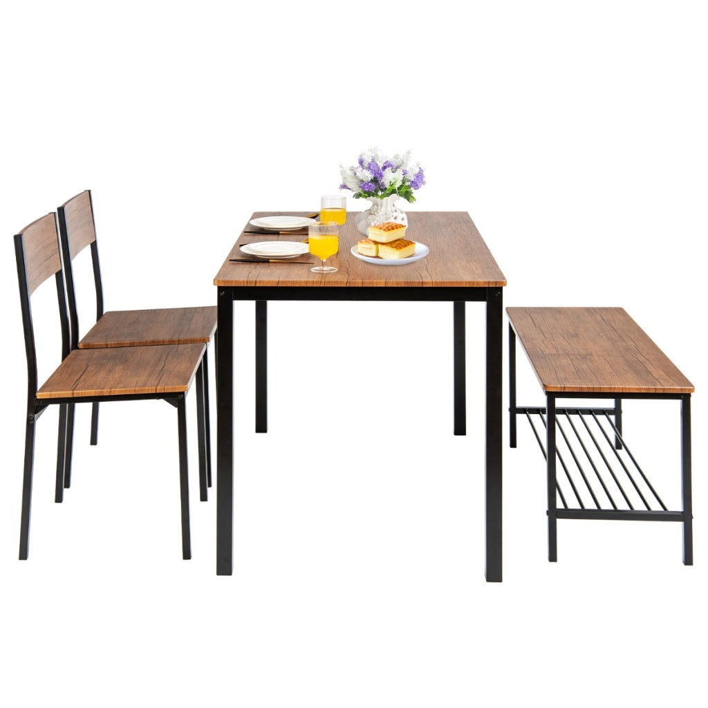 Set tavolo e sedie da cucina 4 pezzi, Tavolo da pranzo con 2 sedie e 1 panca telaio e ripiano metallici Noce-Tavoli e sedie da pranzo