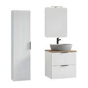 Set da bagno NOXERA - Bianco opaco e quercia wotan con lavabo imitazione marmo, specchio LED e colonna sospesa