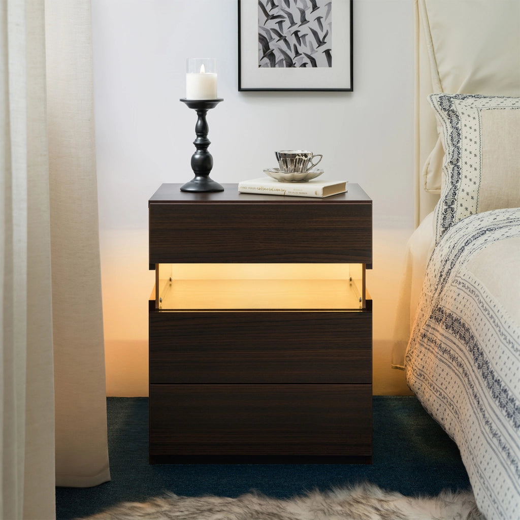 Comodino con LED e pannello in acrilico, 3 cassetti, in legno ingegnerizzato, per camera da letto e soggiorno, noce