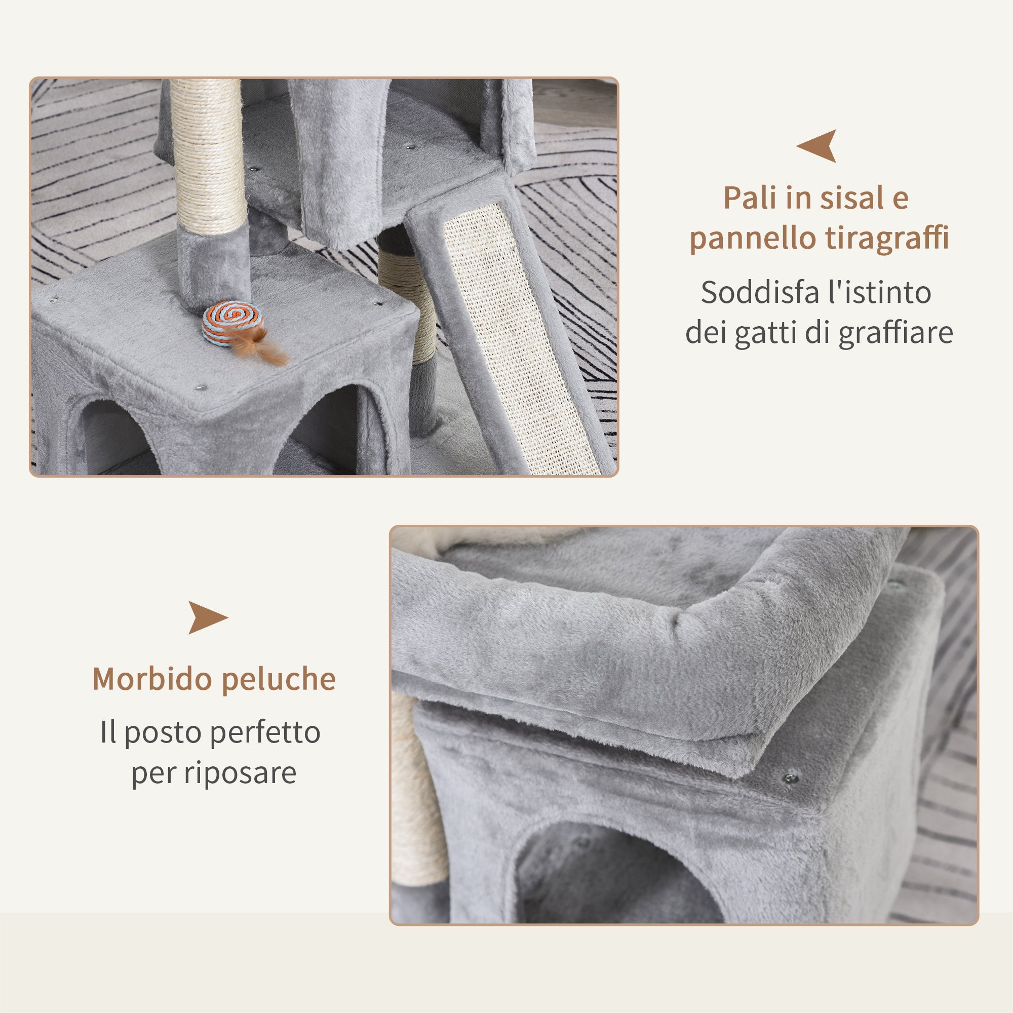 Albero Tiragraffi con Lettino e 2 Casette 59x39x83 cm Pali in Sisal Grigio