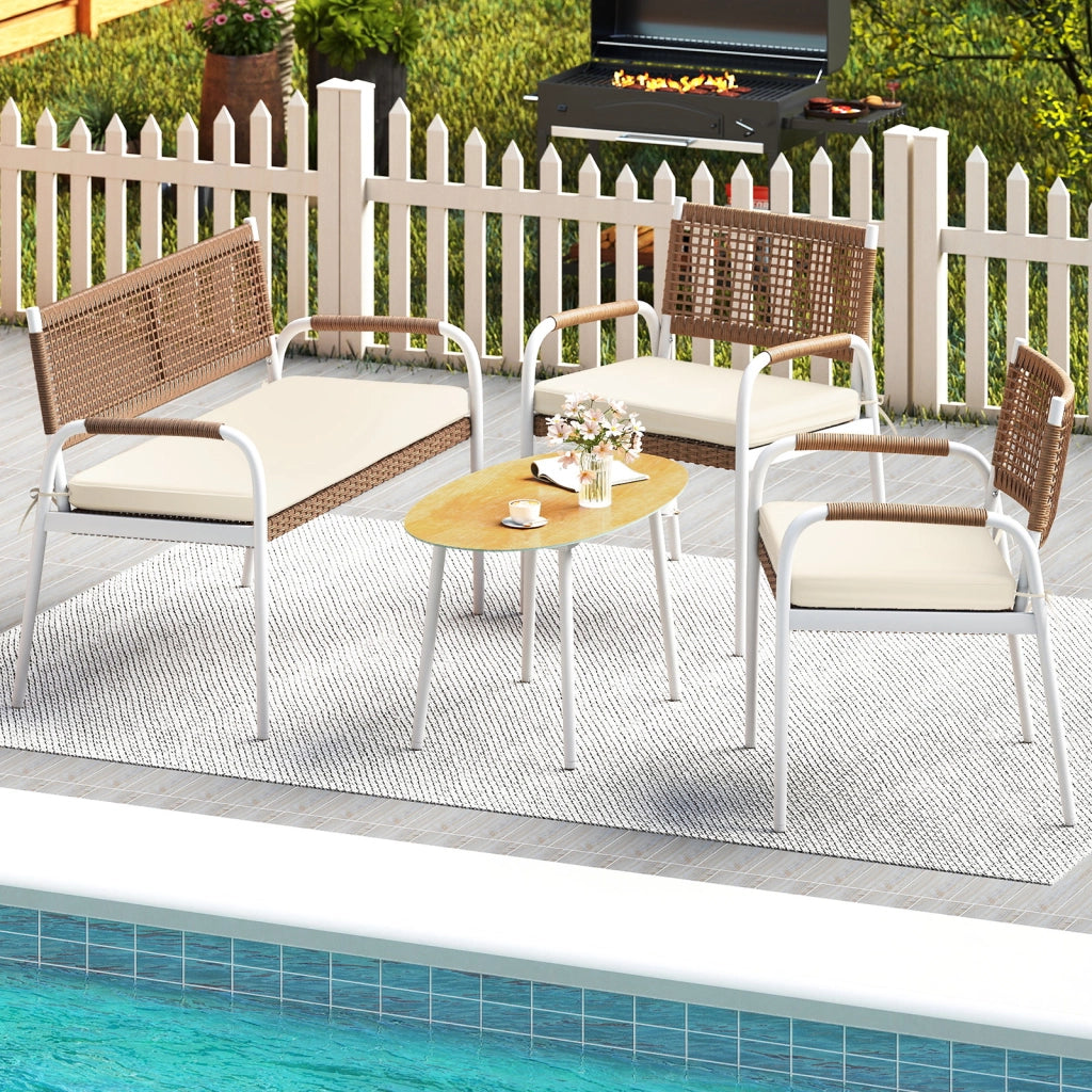 Set patio 4 pz divanetto rattan pe 2 poltrone cuscini morbidi, Set tavolo vetro temperato divani esterni balcone veranda giardino cortile