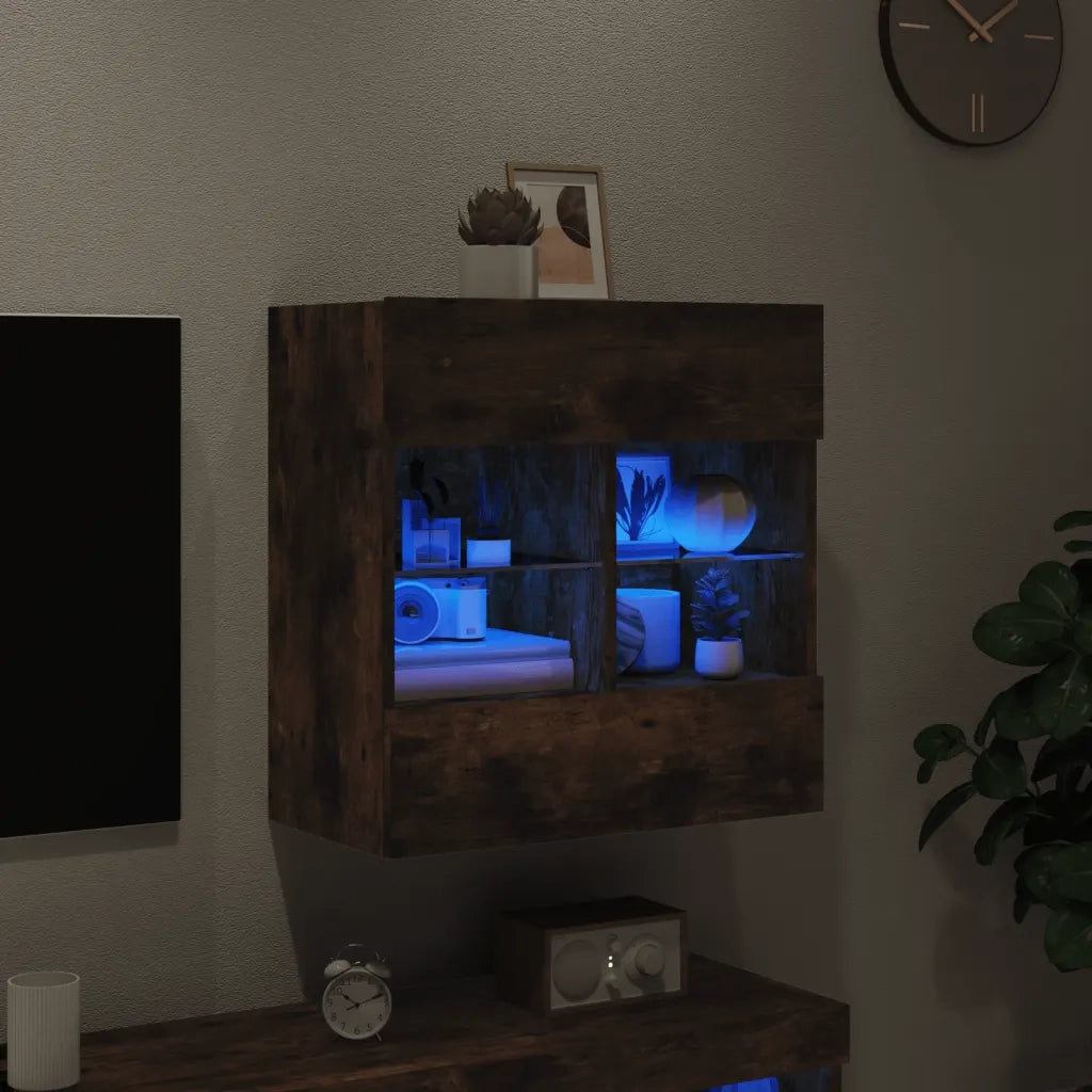 Mobile TV a Parete | Armadietto TV | Mobile Porta TV con Luci LED Rovere Fumo 58,5x30x60,5 cm