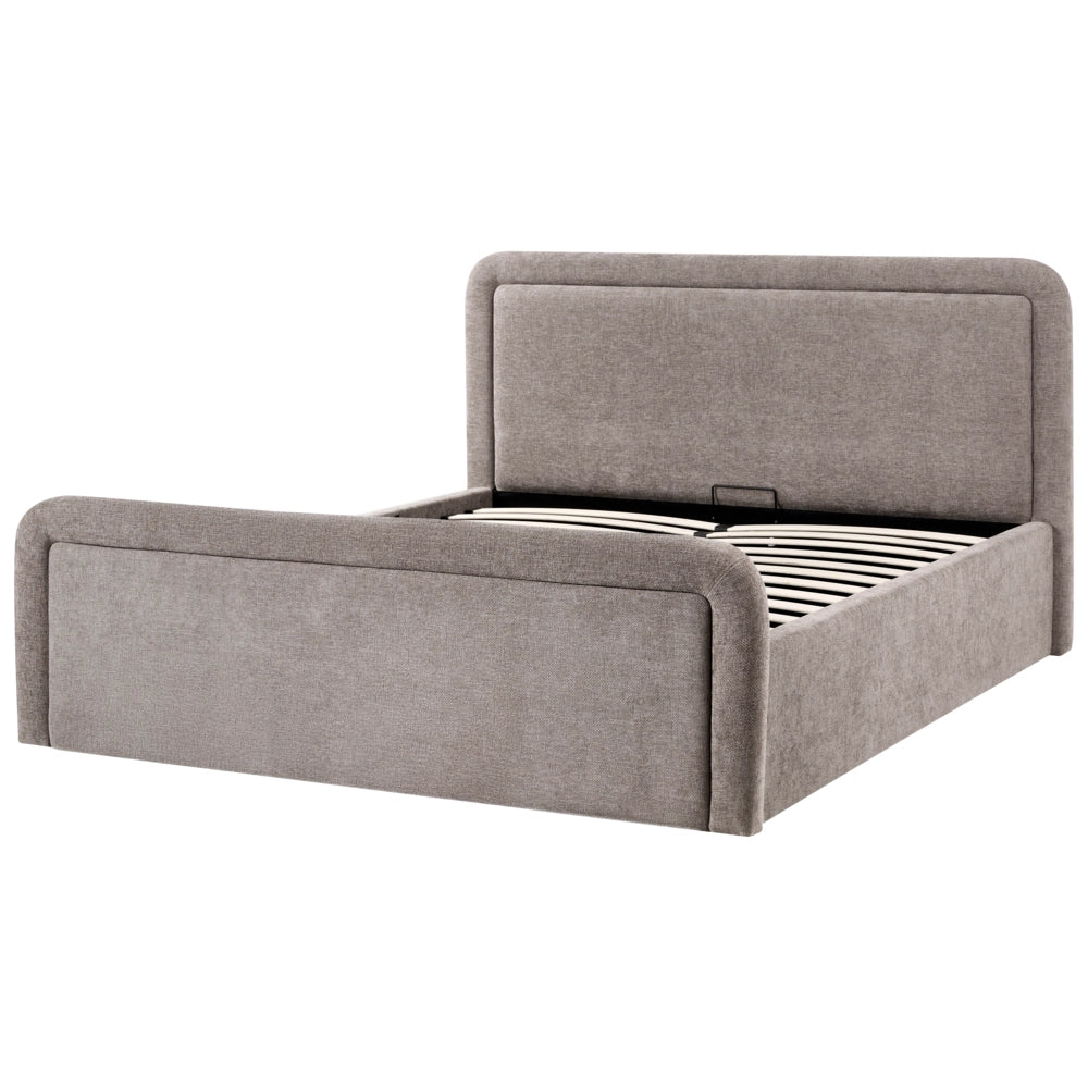 Letto contenitore rivestito in tessuto grigio marrone 160 x 200 cm testiera asimmetrica a gradini in stile scandinavo