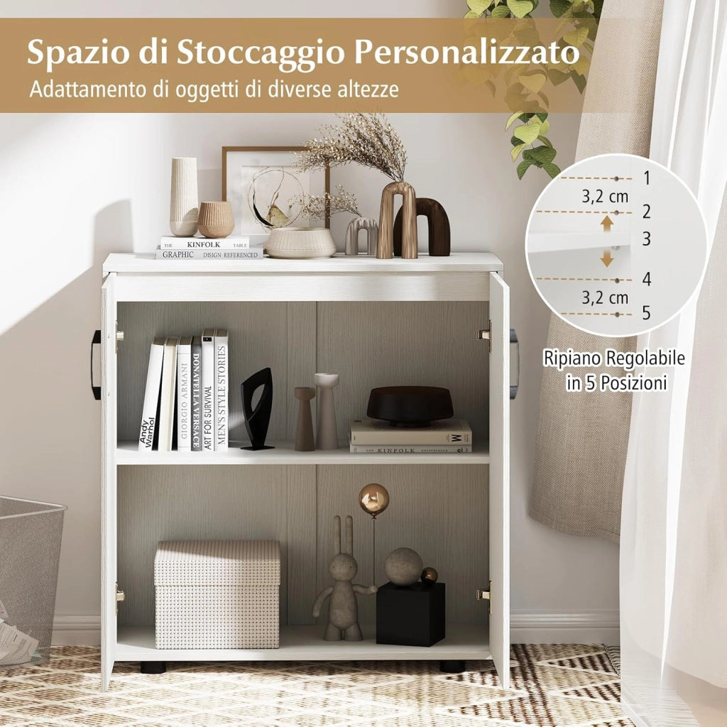 Credenza Bassa per Soggiorno con 2 Ante e Mensola Regolabile su 5 Livelli, Mobile da Cucina Moderno in Legno, Mobiletto Salvaspazio per Salotto e Ingresso, 80 x 31,5 x 82 cm (Bianco)