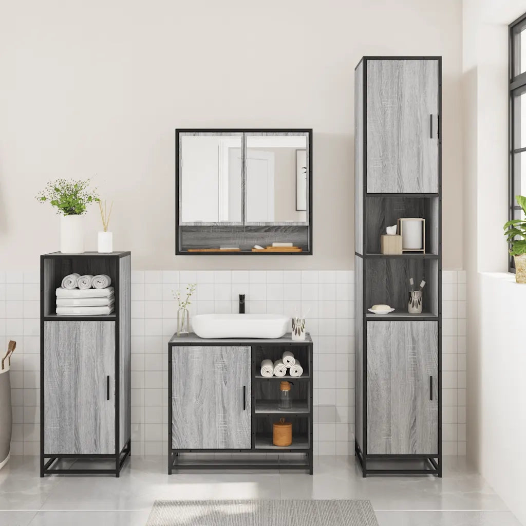 Set Mobili da Bagno | Armadio da bagno 3 pz Grigio Sonoma in Legno Multistrato