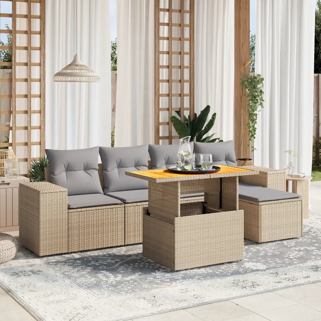Set Divano da Giardino 6 pz con Cuscini Beige in Polyrattan
