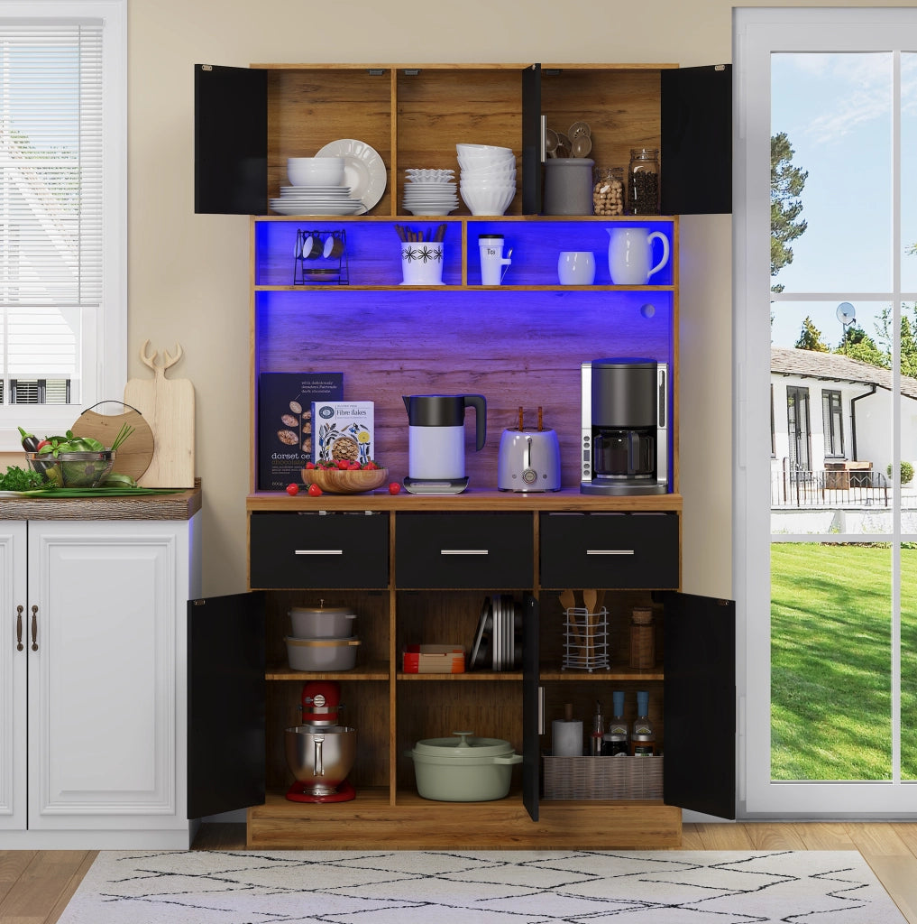 Buffet cucina 100x40x180 cm con LED; prese USB; cassetti e ripiani regolabili; naturale e nero