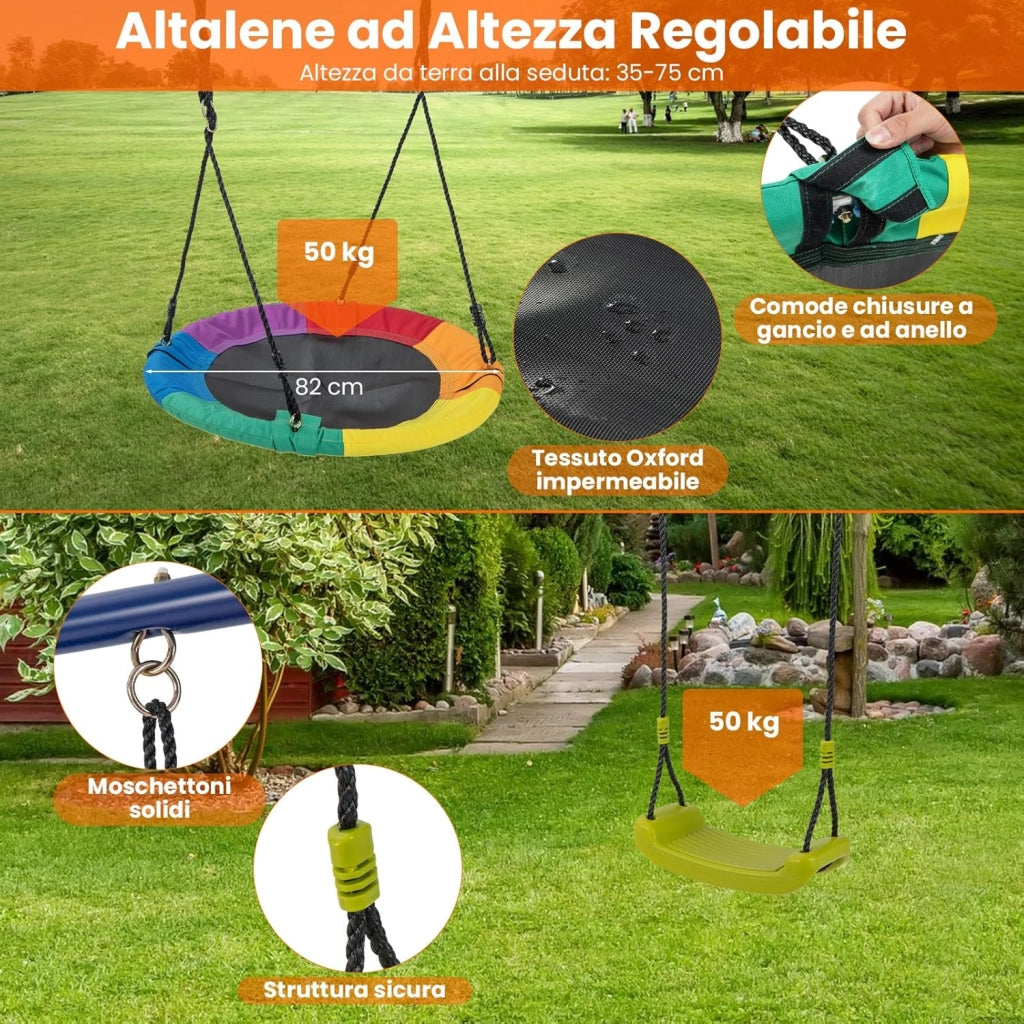 4 in 1 Set di Altalena da Giardino per Bambini con Scivolo, Canestro Basket, Altalena a Nido, Altalena con Sedile, Corde Regolabili e Struttura in Metallo, per Interno ed Esterno