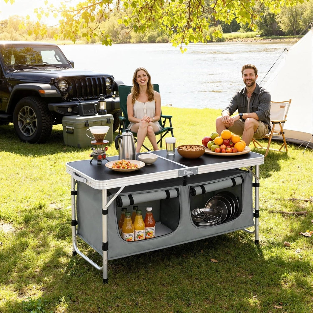 Tavolo da Picnic Pieghevole, Mobile Cucina da Campeggio, Esterno, in MDF e alluminio con 2 Scomparti Regolabili in Altezza, 120 x 47 x 62/69.5 cm