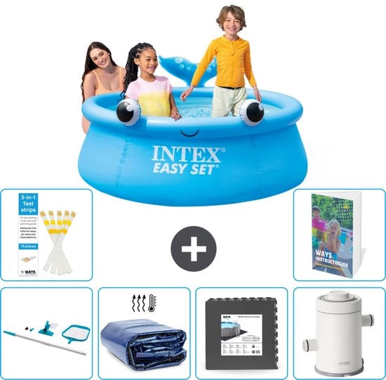 Piscina Rond Opblaasbar Easy Set - 183 x 51 cm - Blu - Balena - Inclusa Kit di Pulizia - Tenda Solare - Pavimenti - Pompaggio Piscina - 7 pezzi