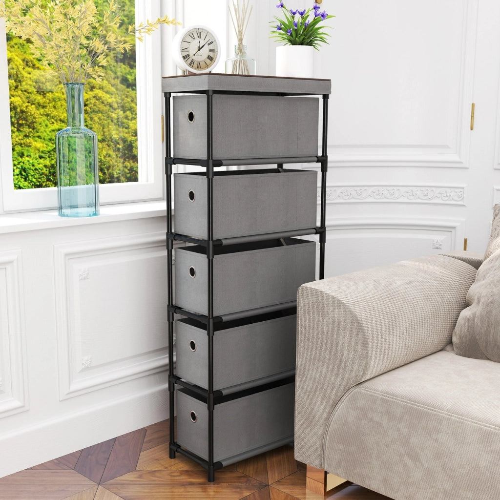 Com¨° stretto con struttura in metallo e 5 cassetti, Com¨° salvaspazio con piano in legno e maniglie Grigio-Cassettiere
