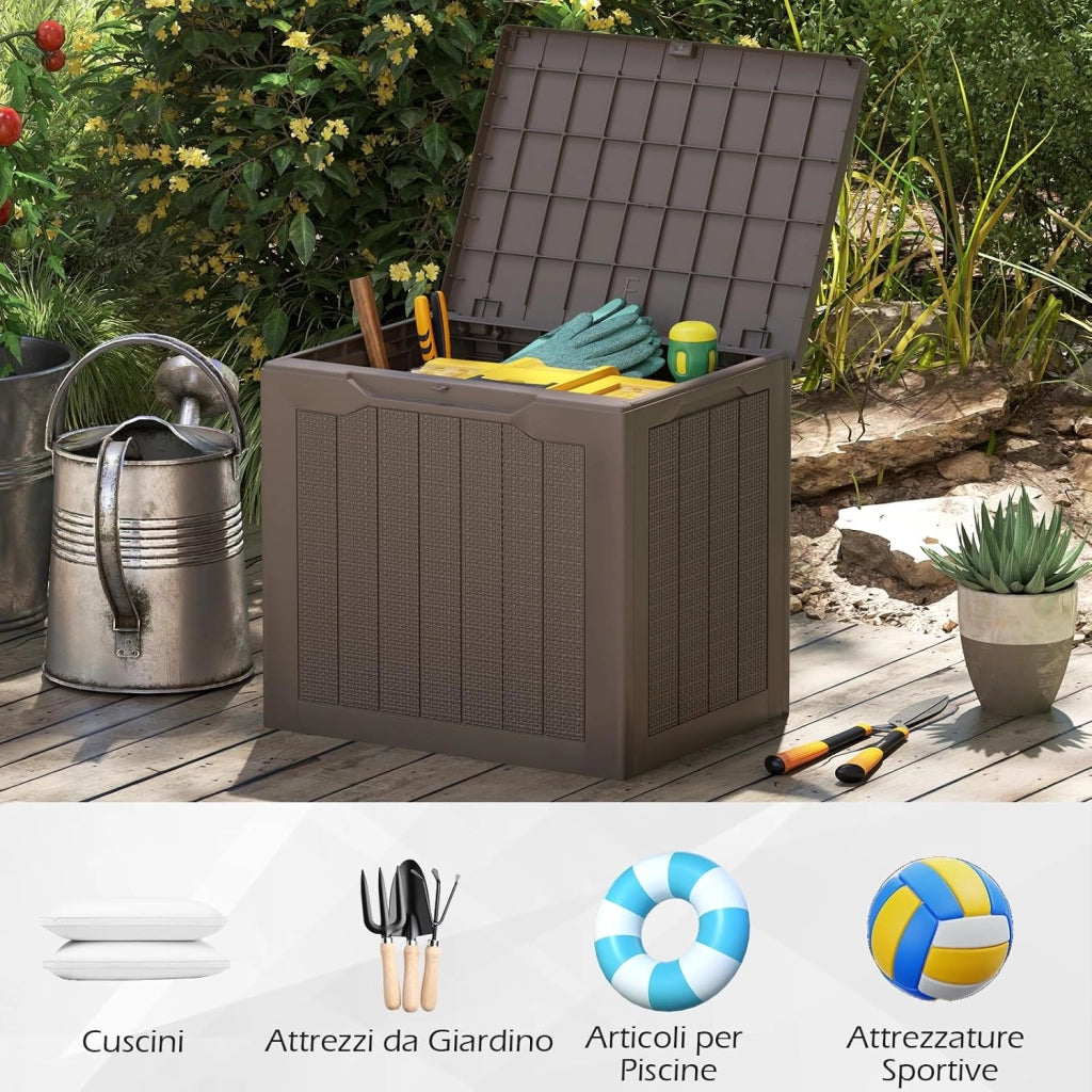 Baule da Esterno 106 L, Cassapanca Contenitore Impermeabile con Coperchio Bloccabile e Maniglie Laterali, per Giardino, Terrazzo e Cortile, 56 x 41 x 50,5 cm (Marrone)