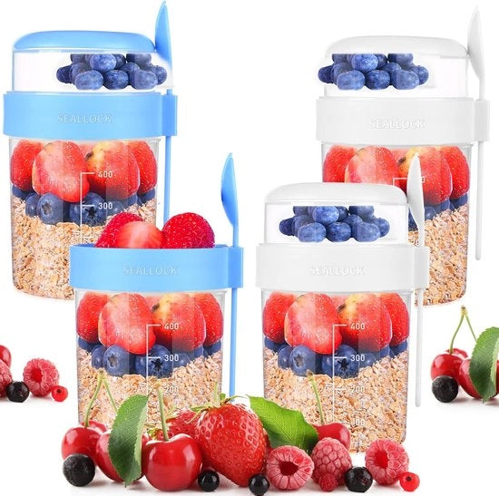 4 confezioni di contenitori per yogurt To Go, contenitore per smoothie To Go con cucchiaio, 2-in-1 contenitore per muesli (560 + 260 + 36 ml), contenitore per muesli per congelatore e lavastoviglie (blu + bianco)