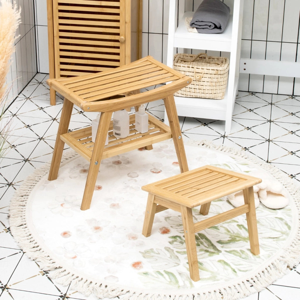 Set sgabello di bamb¨´ per doccia e poggiapiedi, Sgabello doccia con ripiano sottostante per bagno Naturale-Sedie per doccia