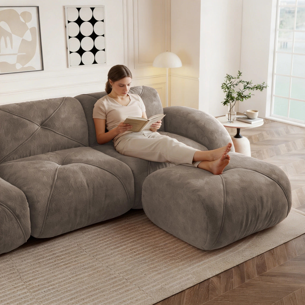 Divano modulare a U - Zephmum- 4 posti, 2 pouf, tessuto comodo, antiscivolo, marrone