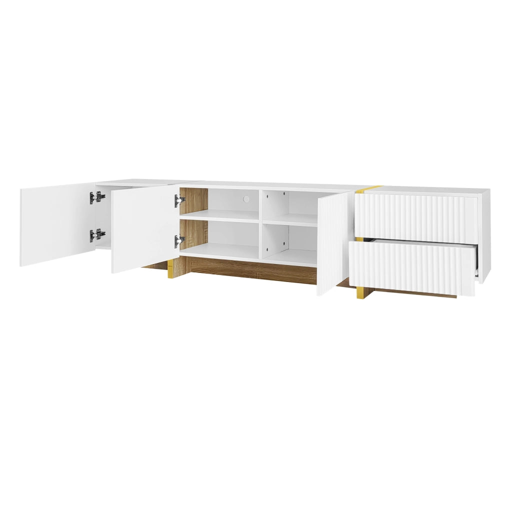 Mobile TV con 3 Ante e 2 Cassetti; Cerniere Ammortizzate; per Soggiorno; in MDF e Pannello di Particelle; Bianco e Oro; 190×35×45 cm