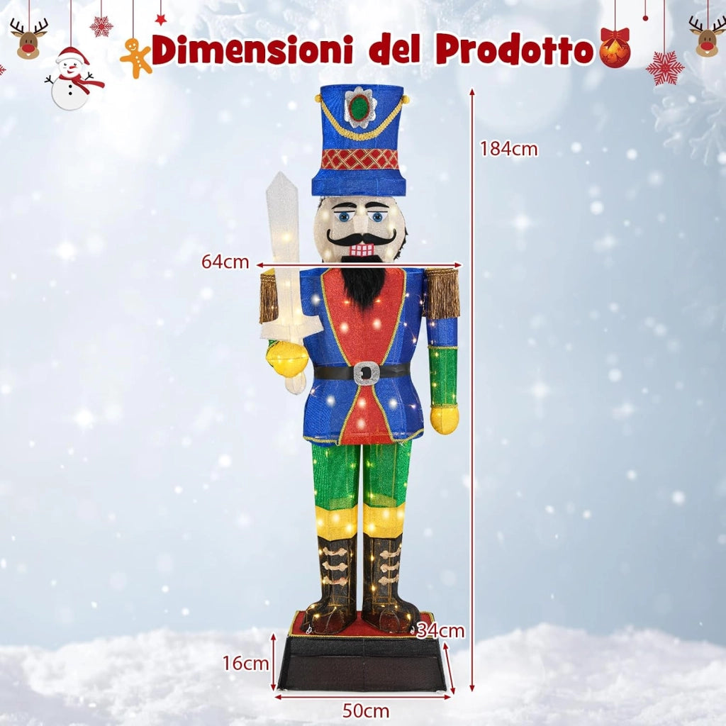 Soldato di Natale Illuminato 184 cm, Soldatino Schiaccianoci Illuminato con 110 Luci LED, Fascette e Base, Decorazioni Natalizie per Interno ed Esterno (1 Pezzi)