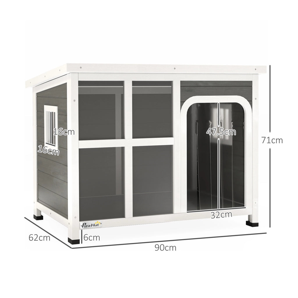 Casetta per Cani con Finestrelle e Ingresso a Tenda, in Legno di Abete, 90x62x71 cm, Grigio Chiaro