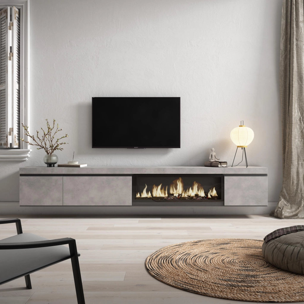 Mobile TV Soggiorno, 288x35x45cm, TV di grande formato, Camino elettrico XXL, da appendere, grigio cemento RF3619