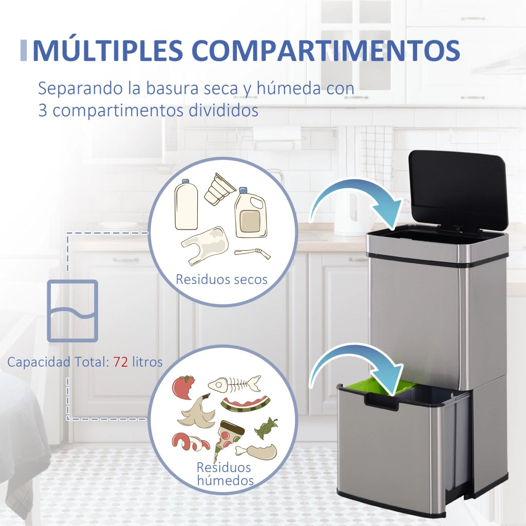 Cestino Cucina 72L con Sensore Movimento Apertura Automatica 3 Compartimenti ¨C Zephmum ¨C 42x30x81 cm Grigio