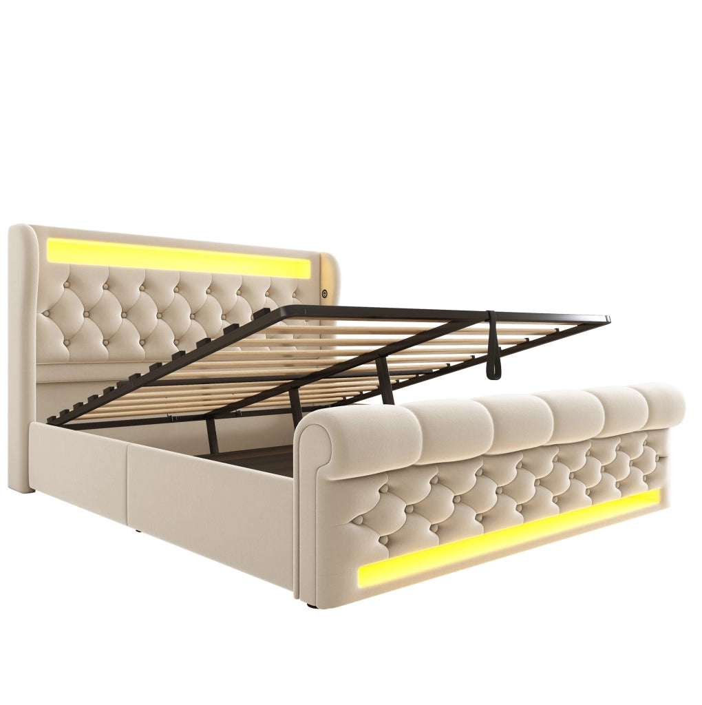Letto matrimoniale imbottito ULEVR 140x190 cm con contenitore idraulico, LED, USB e Type-C, velluto beige