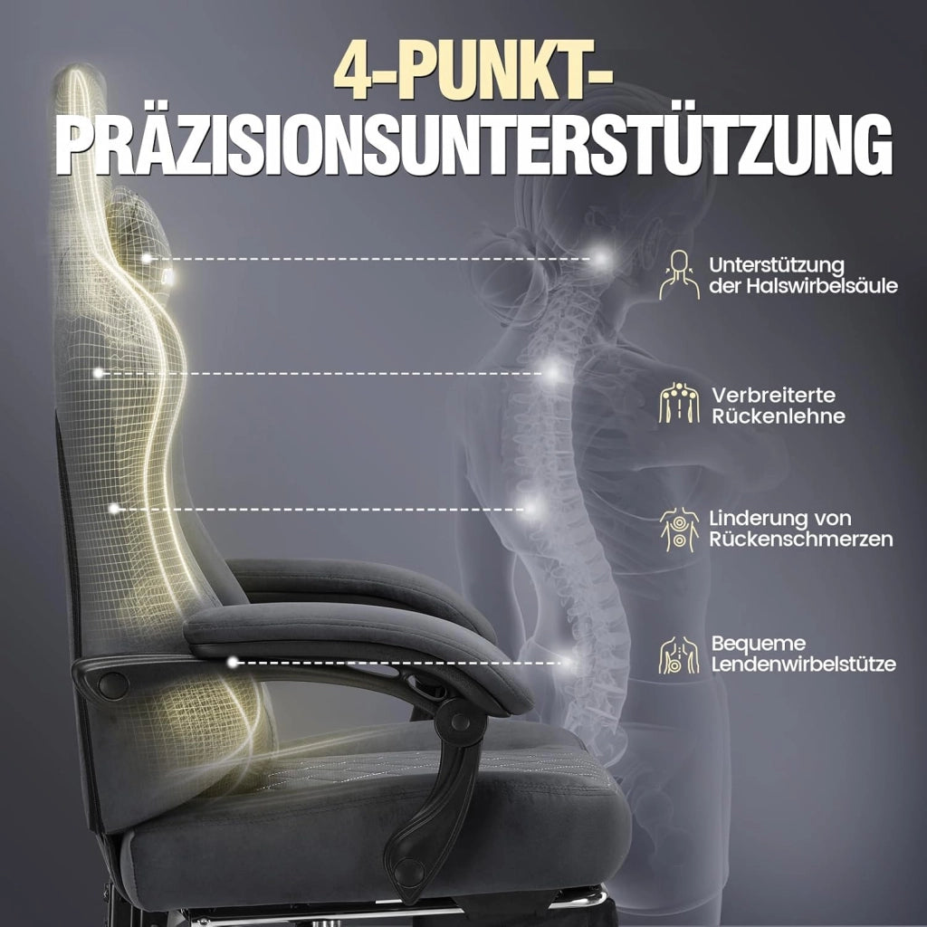 Sedia da gaming, in tessuto, ergonomica, per ufficio, in PC, portata 150 kg, regolabile e girevole, con cuscino a molla e poggiapiedi, grigio