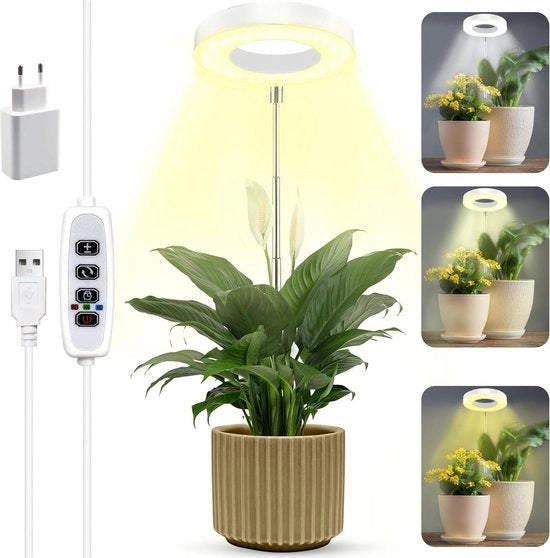 Lampada LED per piante regolabile in altezza con spettro completo - 48 LED - Timer 3-9-12 ore - Adattatore USB - 3 modalità di illuminazione - 9 livelli di luminosità - Per piante da appartamento (bianca) Lampada per crescita