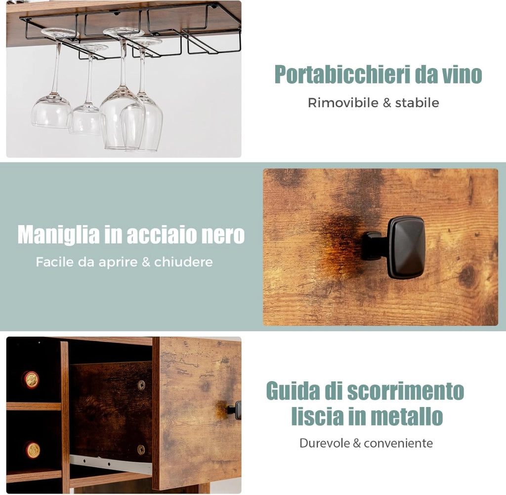 Mobile da Cucina con Cassetto, 4 Livelli Ripiani Aperti e Portabottiglie, Credenza Cucina in Legno e Metallo, per Fino a 18 Bottiglie, per Sala da Pranzo, Soggiorno, 78 x 40 x 160 cm