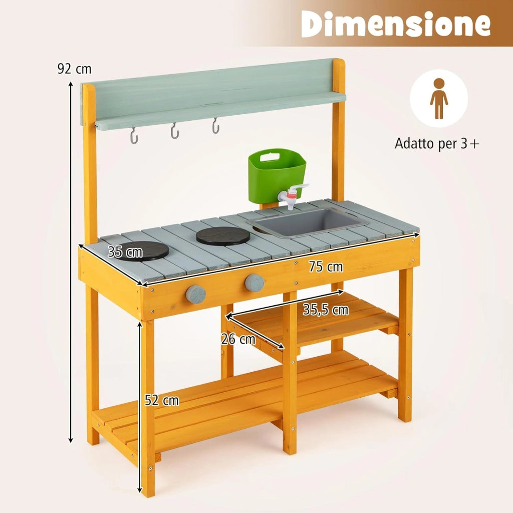 Cucina Giocattolo per Giardino in Legno di Abete, Cucina per Bambini con Serbatoio dell'Acqua e Lavello Rimovibili, 3 Ripiani Aperti, Funzione Suoni, per Bambini 3+ Anni (Arancione e Azzurro)