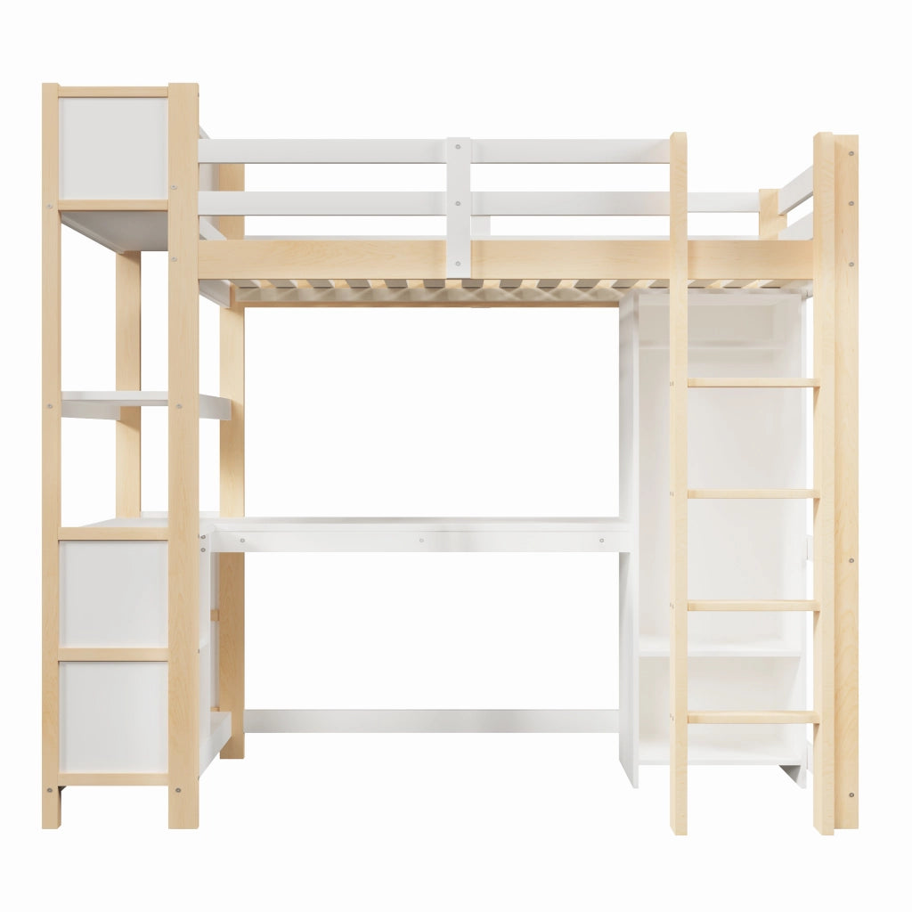 Letto a soppalco 90 × 200 cm con scrivania, scaffali e armadio, senza materasso, in pino, naturale
