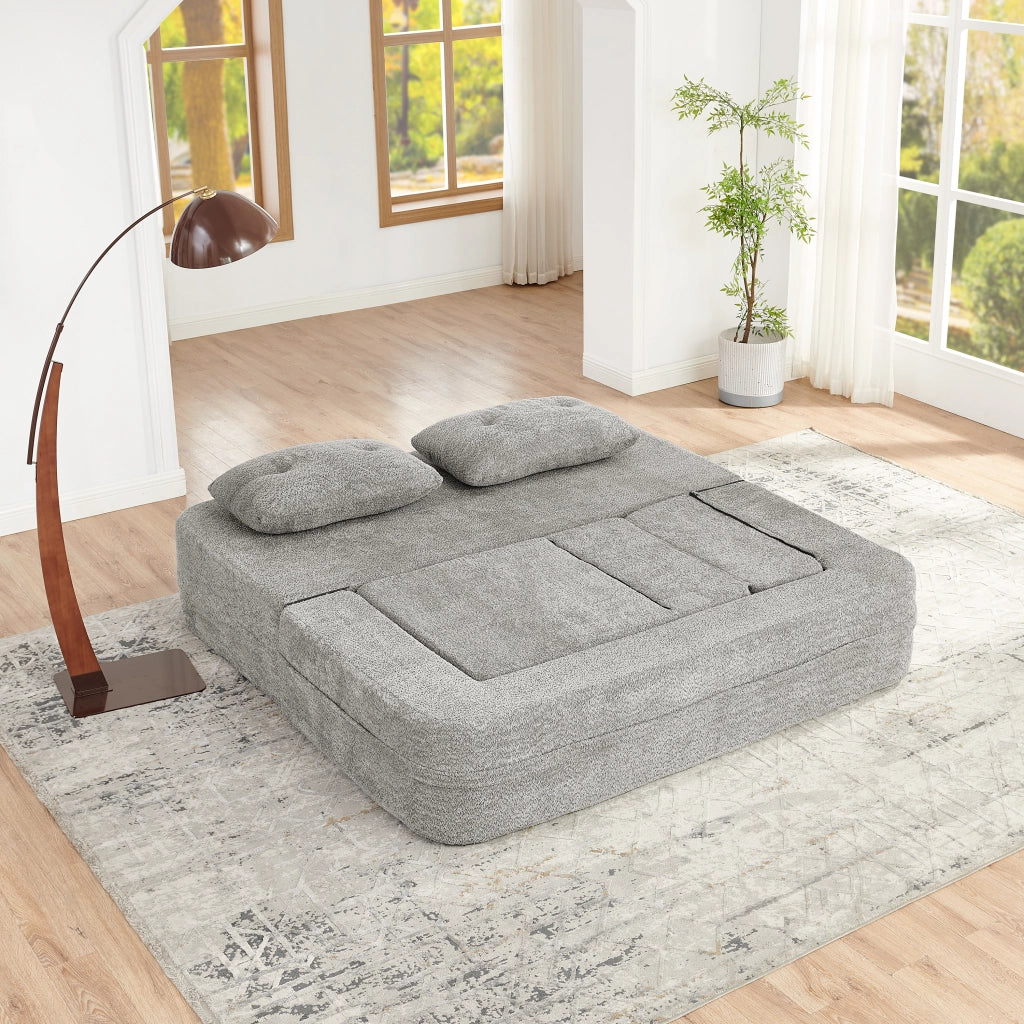 Divano modulare 2 posti con poltrona; funzione letto e tasche laterali in tessuto grigio chiaro 199×194×39 cm