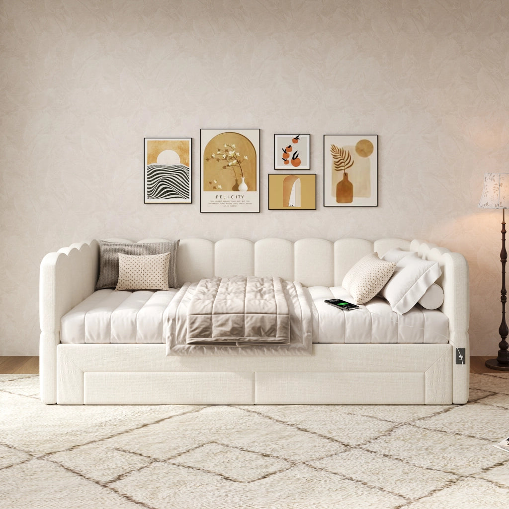 Letto estraibile 90×190 cm con 2 cassetti; USB e Type-C; estensibile a 180×190 cm; senza materasso; beige