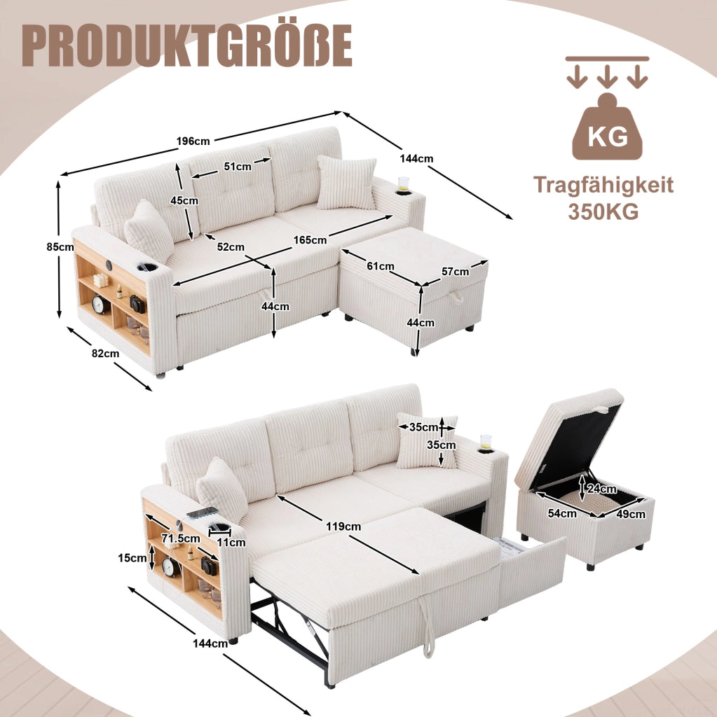 Divano letto estraibile in velluto a coste beige con contenitore; LED e USB-C