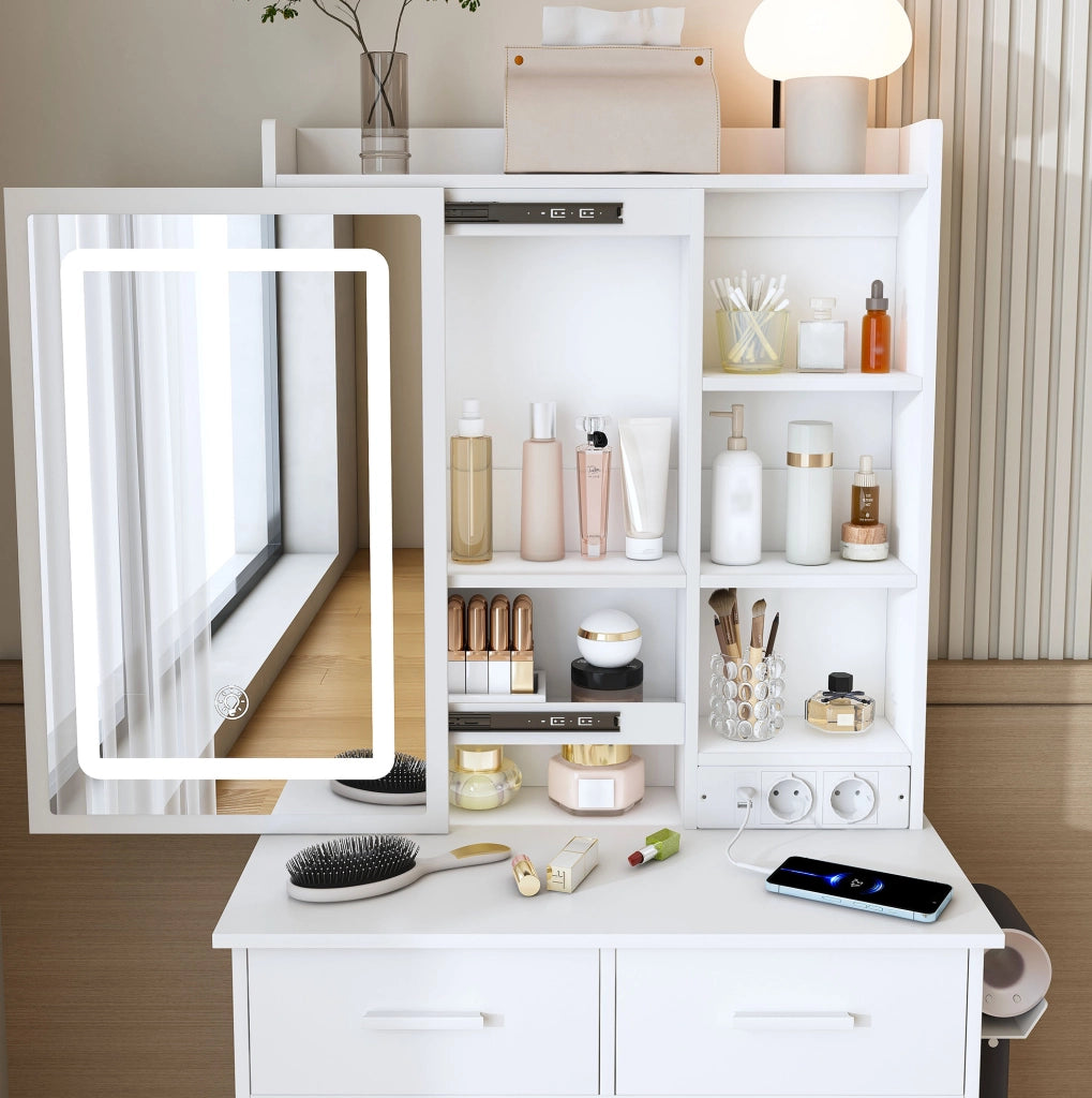 Tavolo trucco con specchio e LED regolabile; 60 cm; bianco in MDF con sgabello