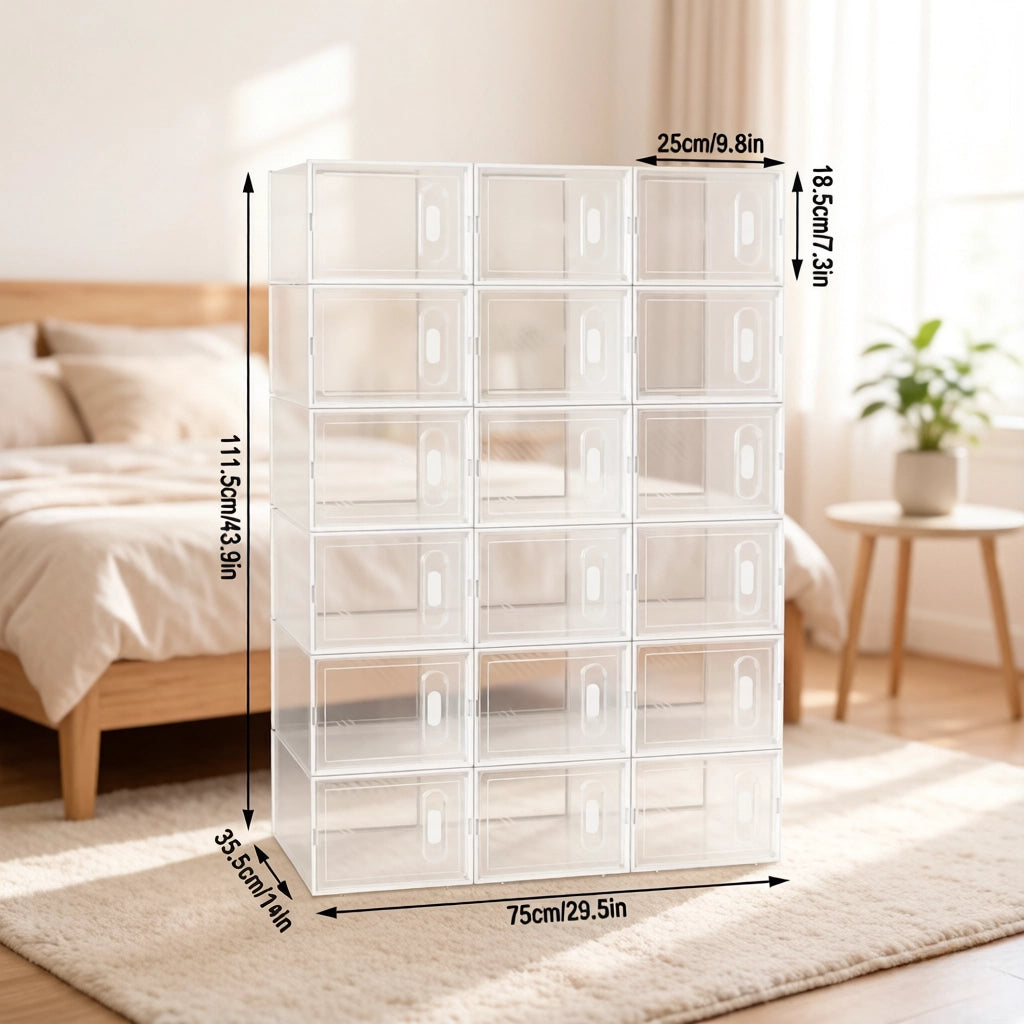Set di 18 scatole porta scarpe impilabili in plastica trasparente e bianca, contenitori modulari salvaspazio con apertura frontale