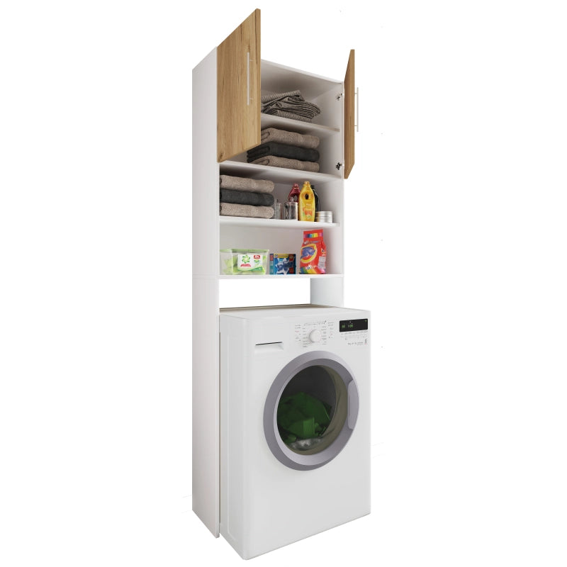 Colonna Lavanderia Coprilavatrice con Ripiani In Legno Colore Bianco e Noce H190 × L64 × P25 cm Soluzione Salvaspazio per Bagno
