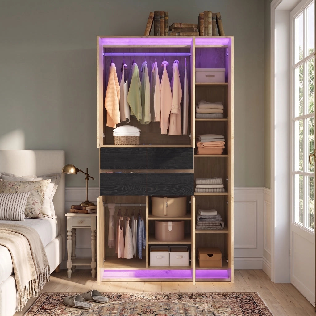 Armadio con Specchio e LED Guardaroba Moderno Rovere 110x47x200 cm con 4 Cassetti e 9 Scomparti
