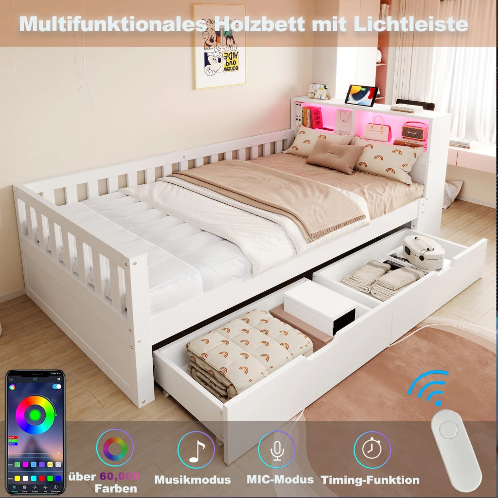 Letto in legno multifunzione con cassetti, LED e USB, 90x200 cm, bianco