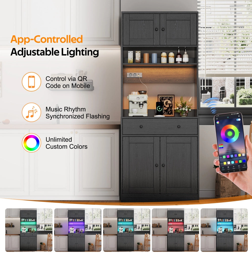 Credenza cucina multifunzione con LED RGB; prese USB e 2 prese AC; 72x40x180 cm; MDF nero
