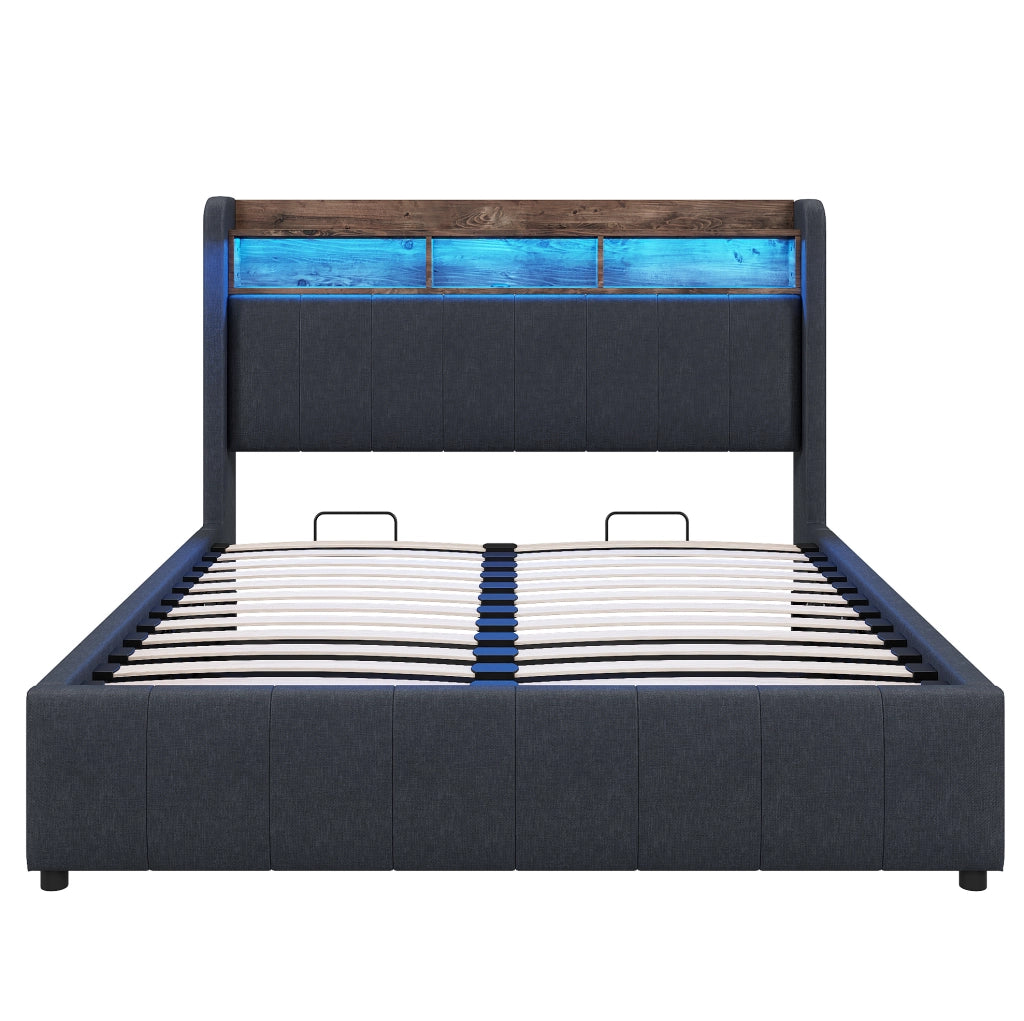 Letto imbottito 140x200 cm con LED, USB e contenitore idraulico