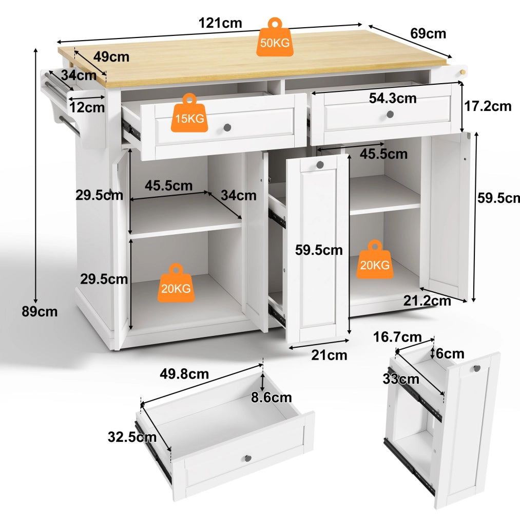 Isola da cucina con piano ribaltabile 121x69x89 cm in MDF naturale e bianco