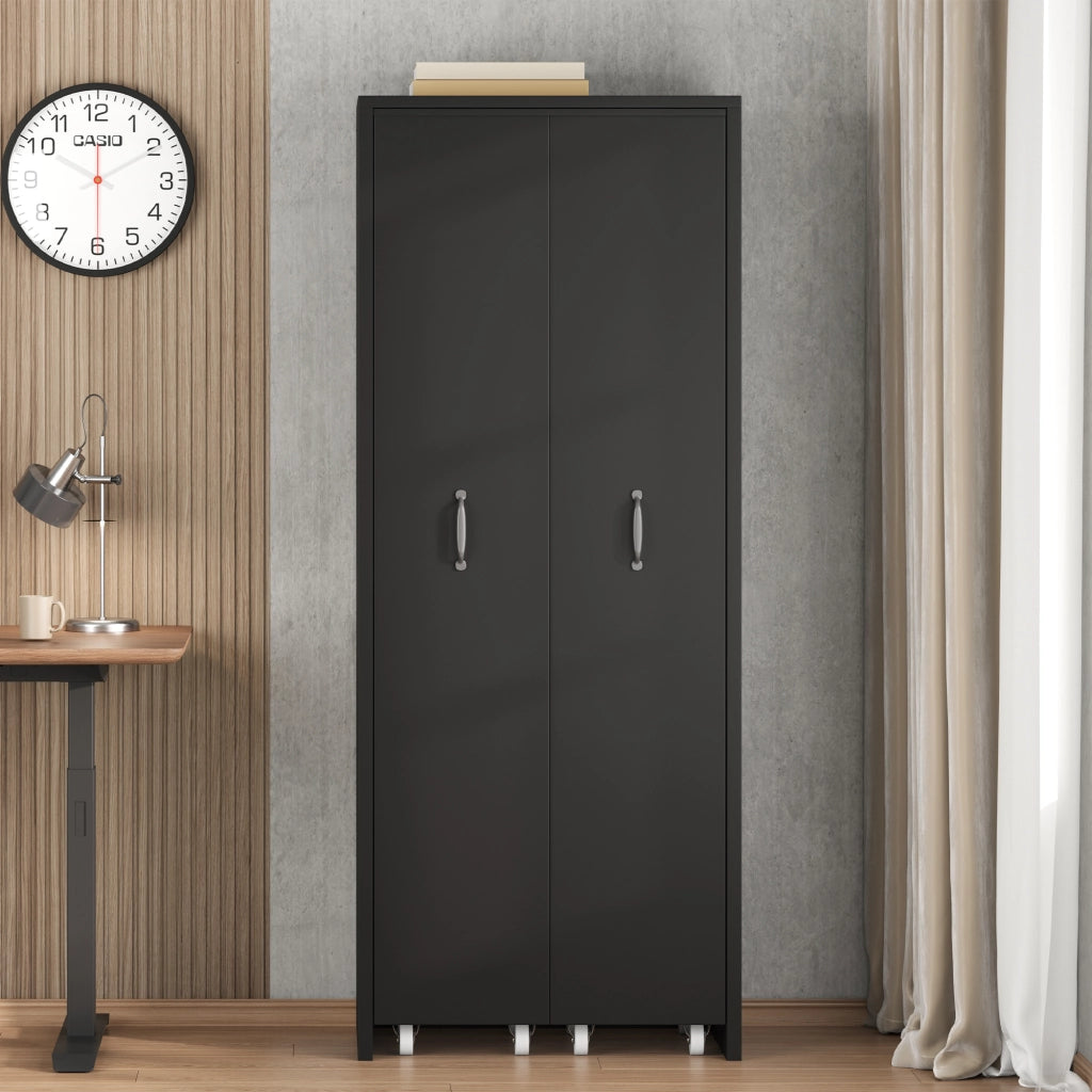 Libreria estensibile su ruote a 4 ripiani, MDF nero, moduli reversibili sinistra/destra, portata 20 kg per ripiano
