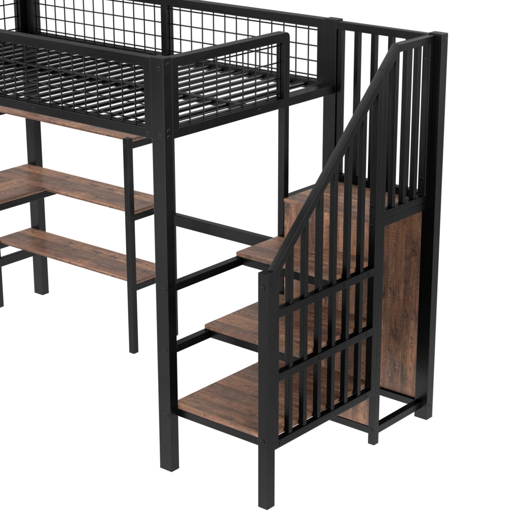 Letto a soppalco 90 x 200 cm con scrivania, scaffali e armadio, nero e marrone